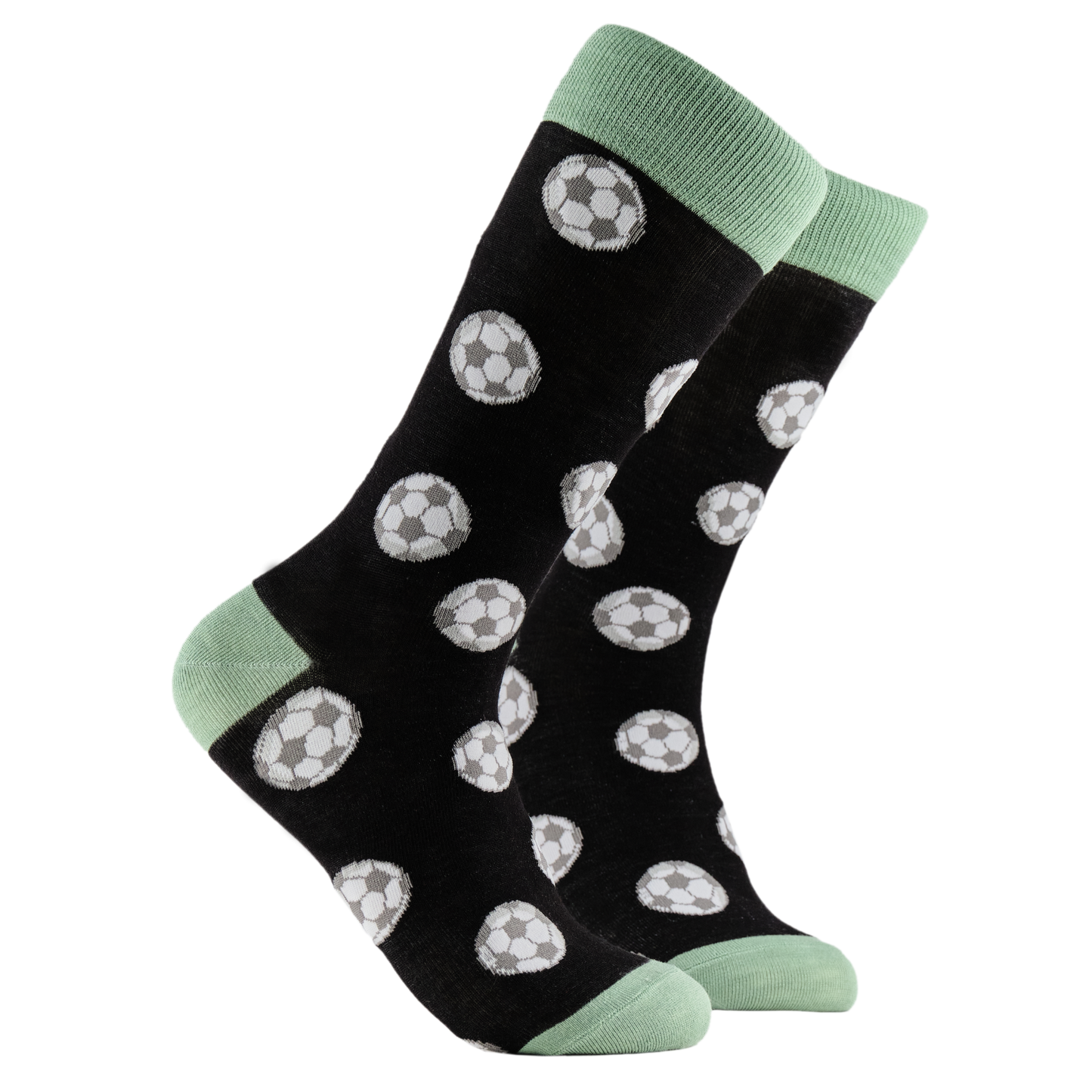 Footballs Bamboo Socks. A pair of socks depicting footballs. Black legs, light green cuff, heel and toe.