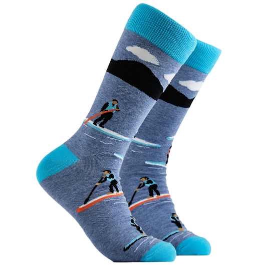 Paddle Board Socks - Get Paddling. A pair of socks depicting paddle boarding. Blue legs, bright blue cuff, heel and toe.