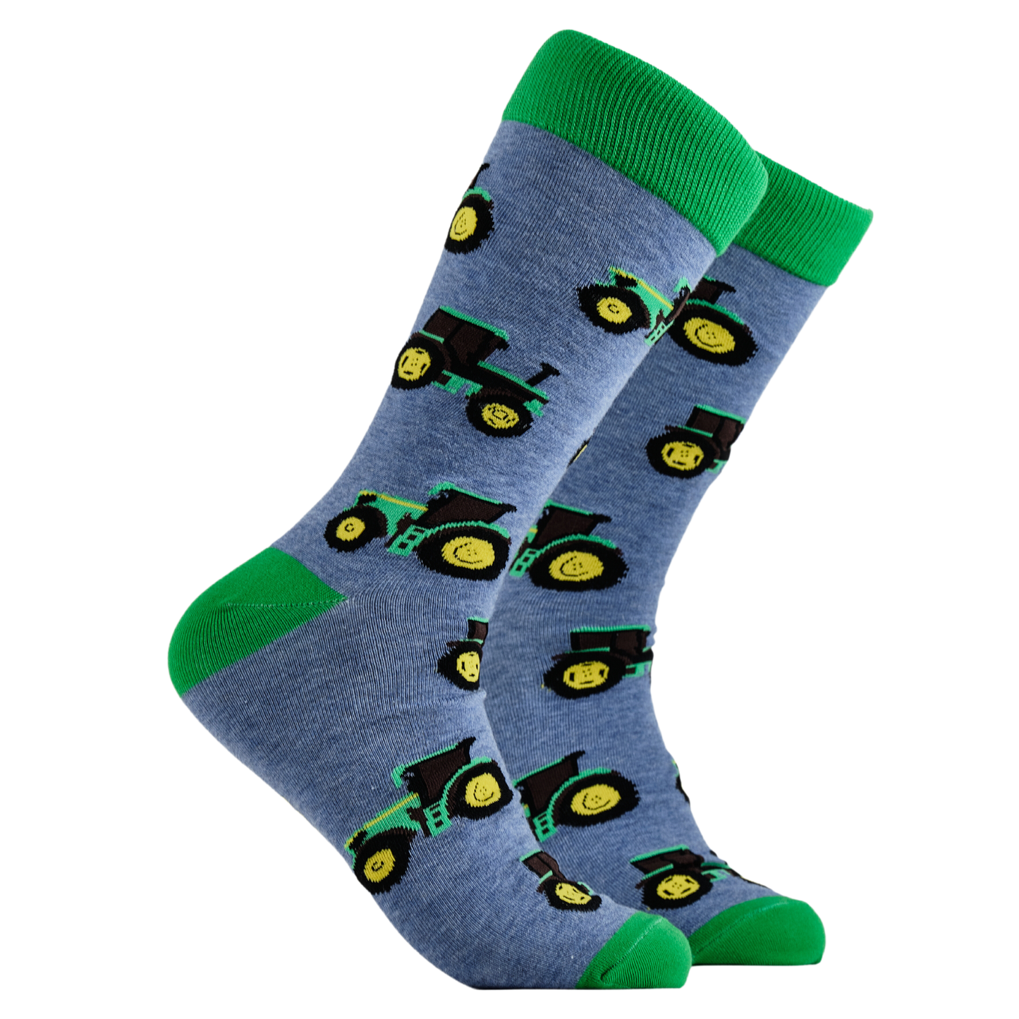 Farming Socks - Green Machine. A pair of socks depicting green tractors. Blue legs, green cuff, heel and toe.