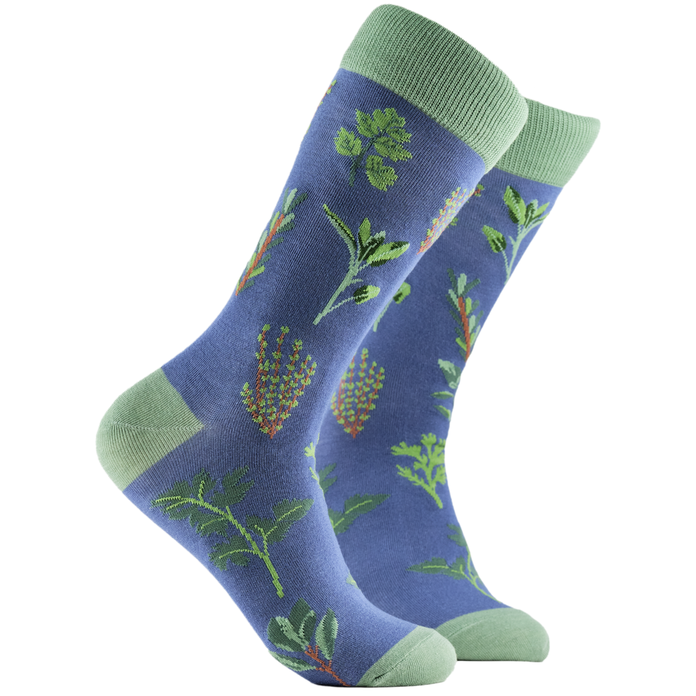 Herbs Bamboo Socks. A pair of socks depicting tea cups and tea pots. Blue legs, green cuff, heel and toe.