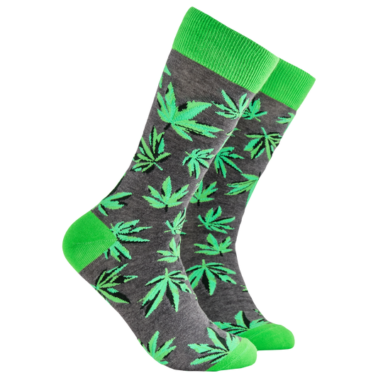 Weed Socks - High Life. A pair of socks depicting cannabis leaves. Grey legs, bright cuff, heel and toe.