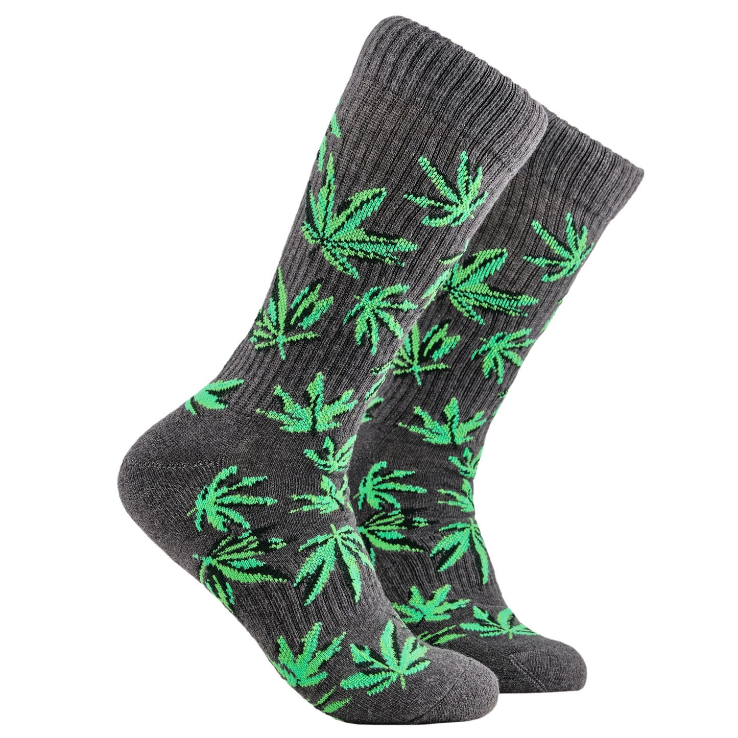 Weed Socks - High Life Athletic. A pair of socks depicting cannabis leaves. Grey athletic legs, grey cuff, heel and toe.