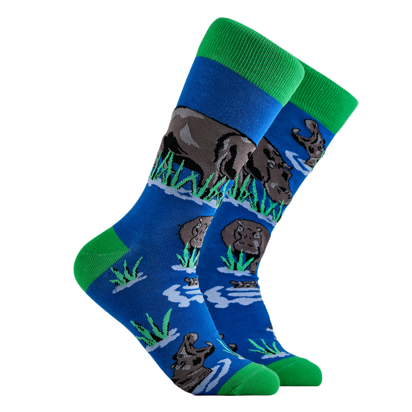 Hippo Socks - Hip-Hippo-Ray! A pair of socks depicting hippos in water. Blue legs, green cuff, heel and toe.
