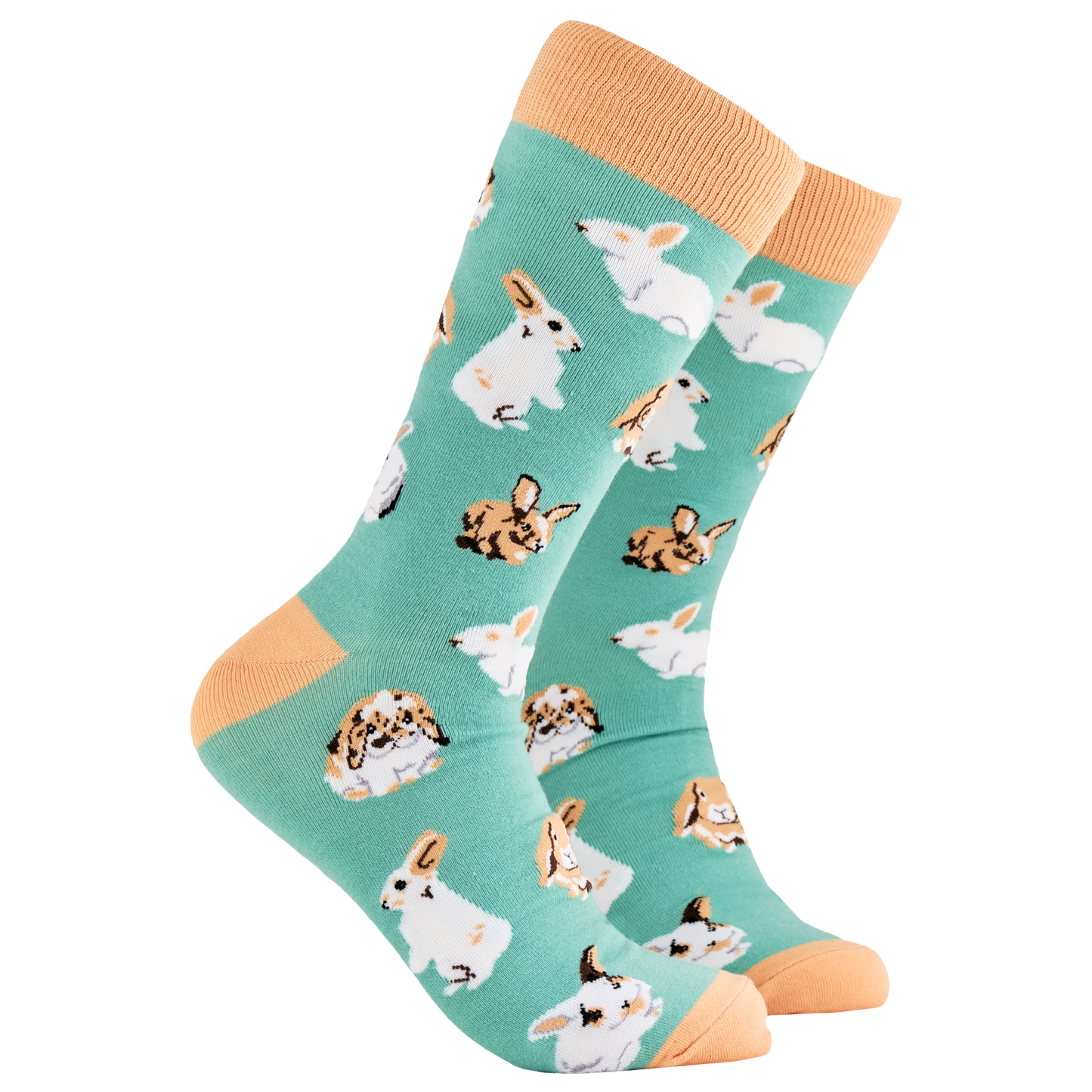 Rabbit Socks - Hop. A pair of socks depicting rabbits playing. Green legs, brown cuff, heel and toe.