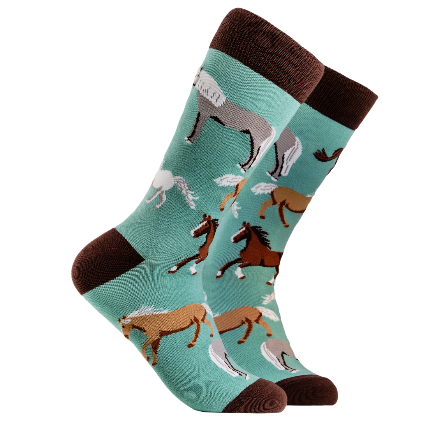 Horse Socks. A pair of socks depicting horses. Turquoise legs, brown cuff, heel and toe.