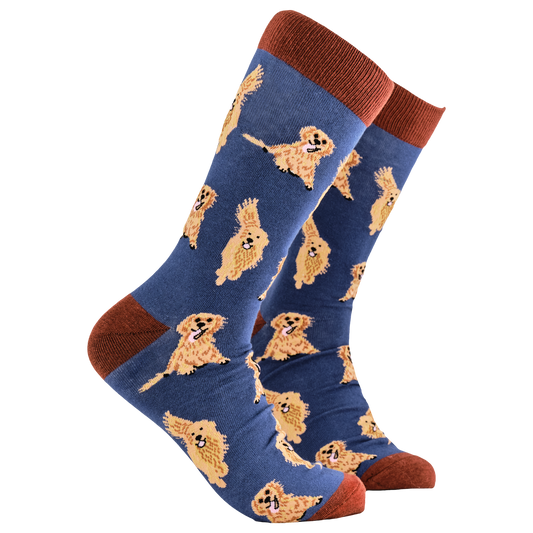 Golden Retriever Socks - I'm A Retriever. A pair of socks depicting golden retrievers. Blue legs, brown cuff, heel and toe.