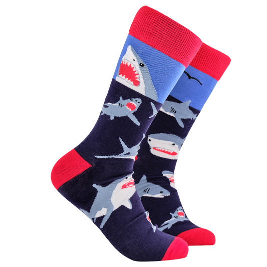Shark Socks - Jaws And Effect. A pair of socks depicting great white sharks. Blue legs, red  cuff, heel and toe.