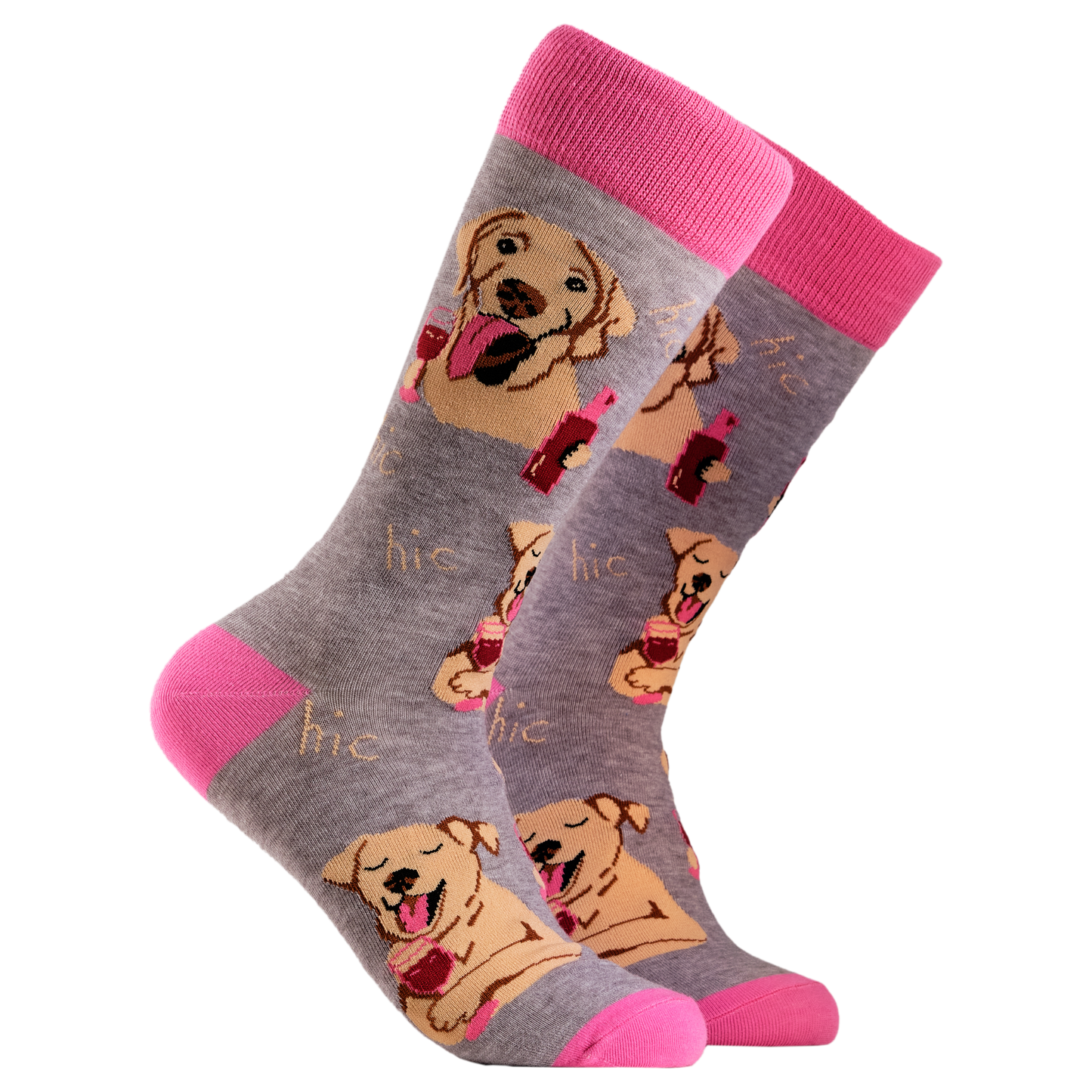 A pair of socks depicting labs drinking wine. Grey legs, light pink cuff, heel and toe.