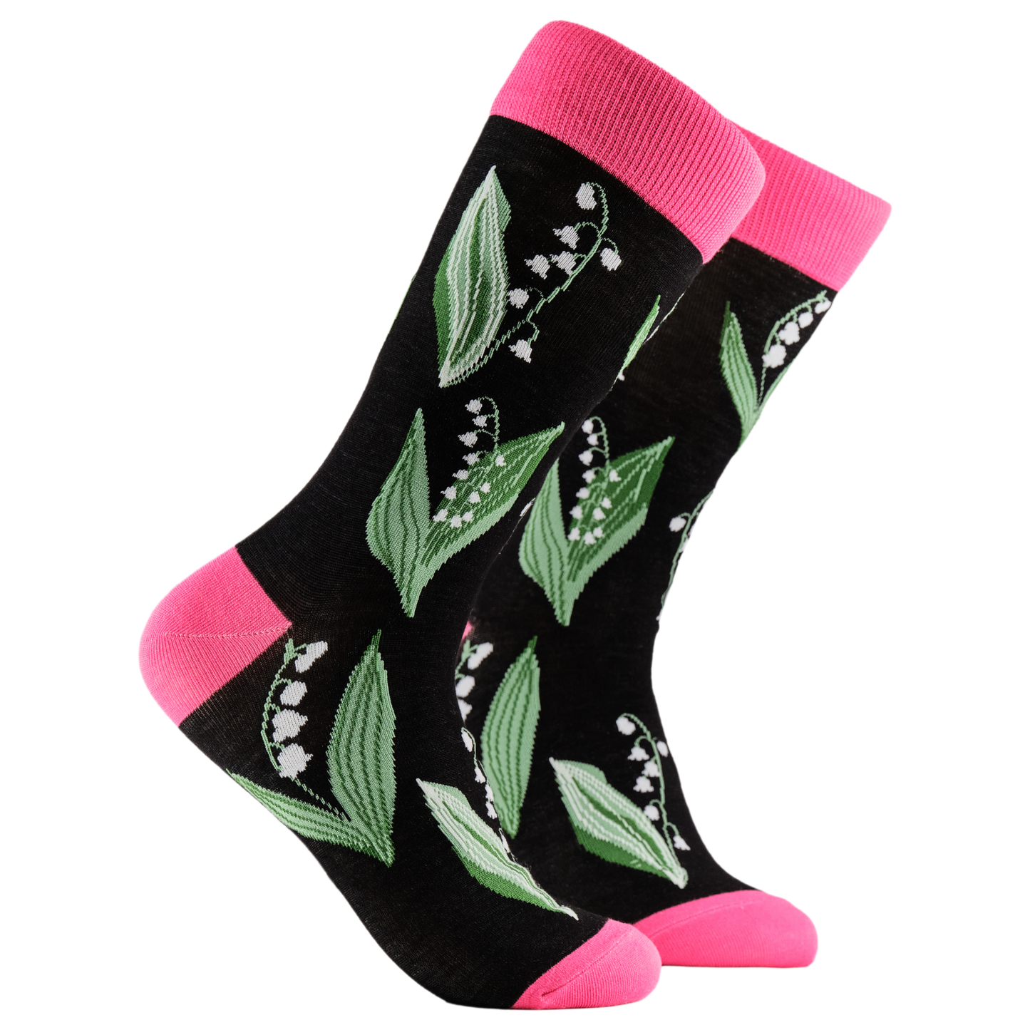 Lily of the Morning Valley Floral Bamboo Socks.  A pair of socks depicting Lilly of the Morning flowers. Black legs, pink cuff, heel and toe.