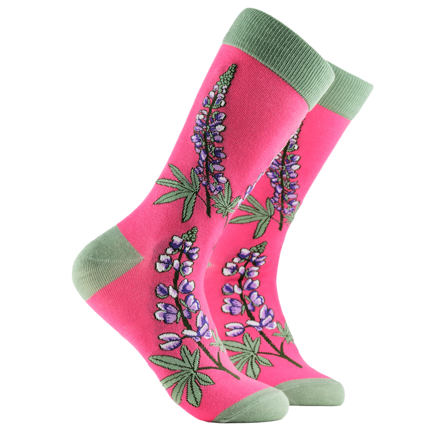Lupin Floral Bamboo Socks. A pair of socks depicting Lupins. Pink legs, light green cuff, heel and toe.