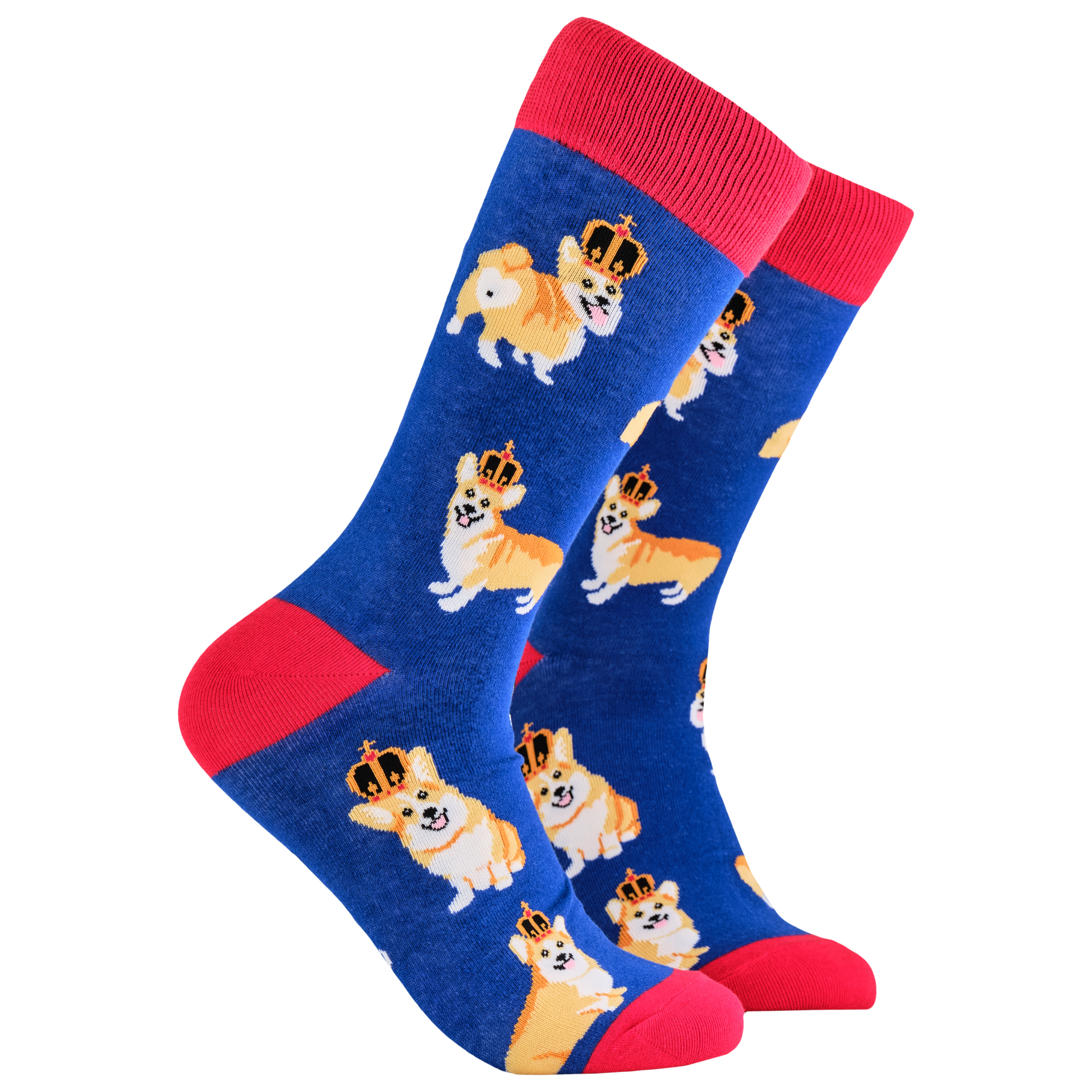 Majestic Corgi Socks. A pair of socks depicting corgis wearing crowns. Blue legs, red cuff, heel and toe.