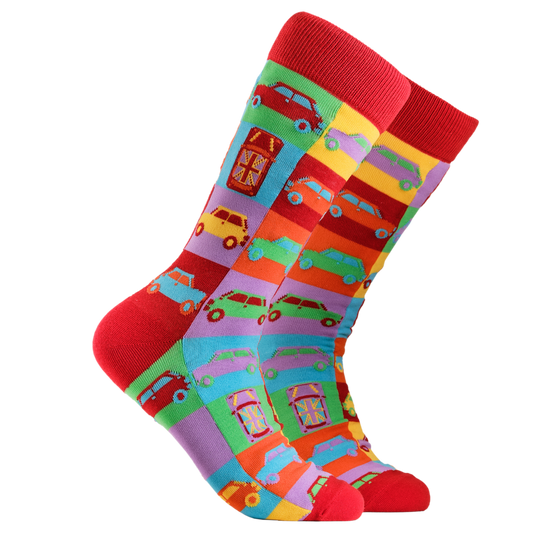 Mini Cooper Socks - Minis AM2. A pair of socks depicting the iconic Mini Cooper. Multicoloured legs, red cuff, heel and toe.