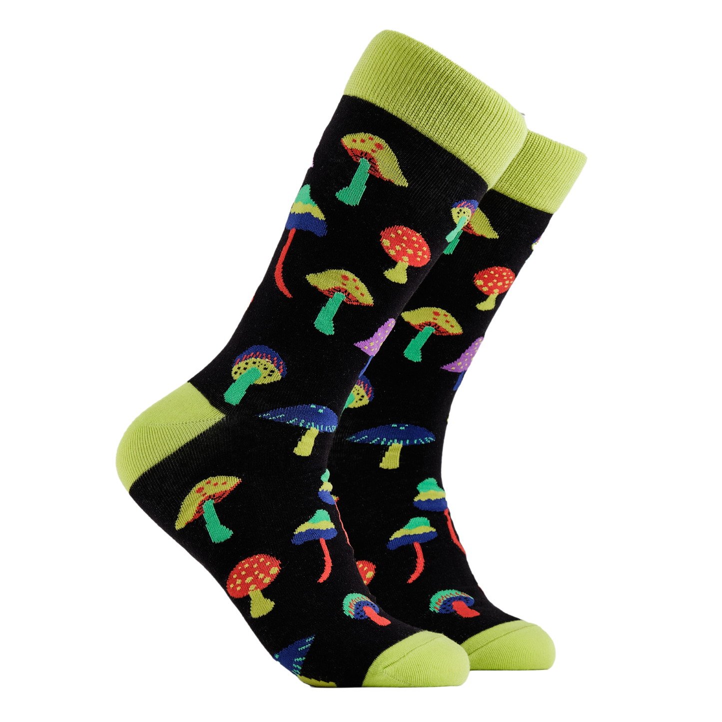 Magic Mushroom Socks - Mushroom Trippin'.  A pair of socks depicting magic mushrooms. Black legs, bright yellow cuff, heel and toe.
