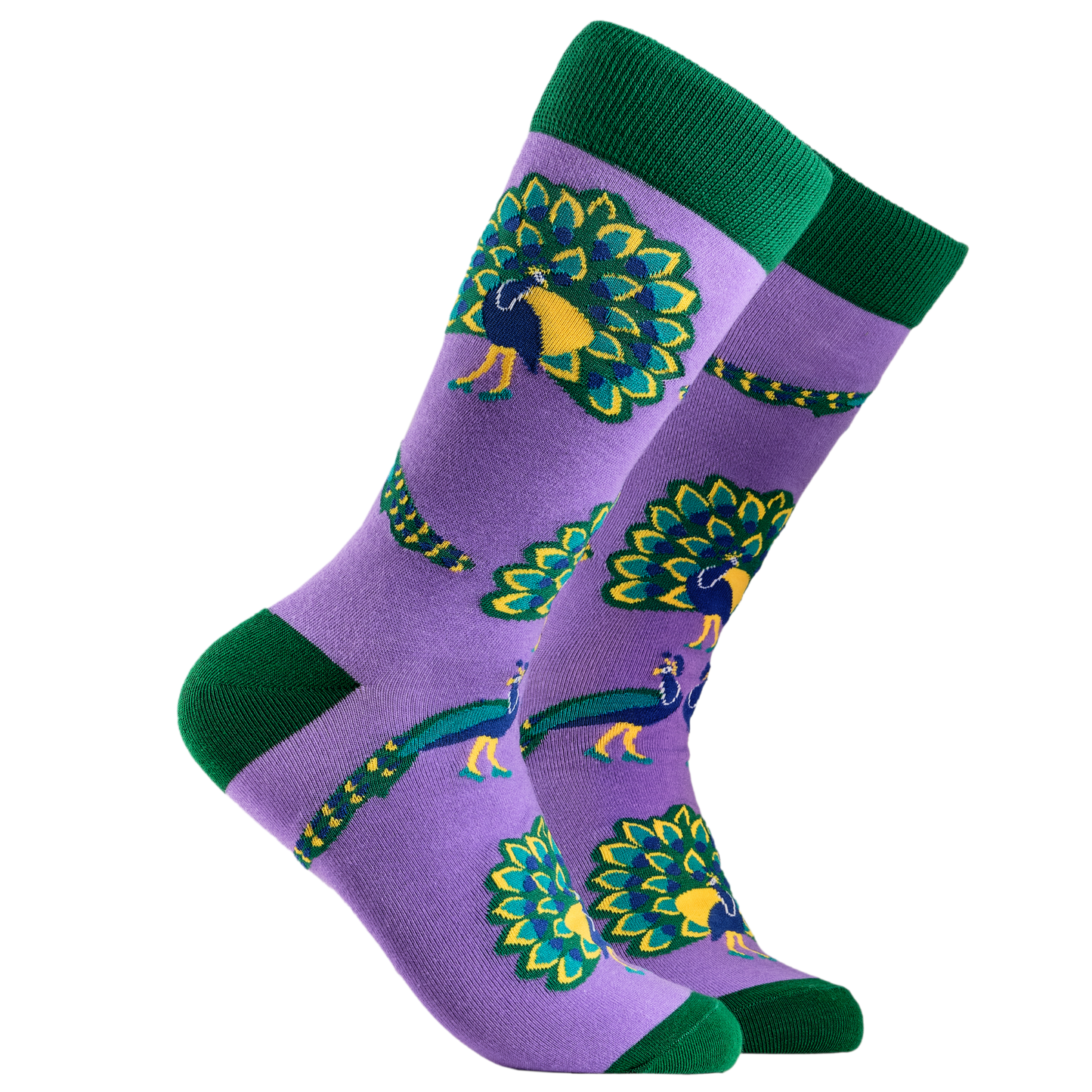 Party Peacocks Socks. A pair of socks depicting peacocks. Purple legs, green cuff, heel and toe.