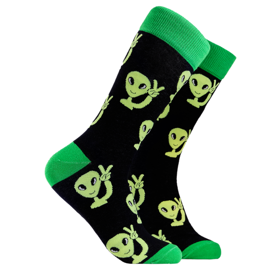 Alien Socks - Peaceman. A pair of socks depicting peaceful aliens. Black legs, green cuff, heel and toe.