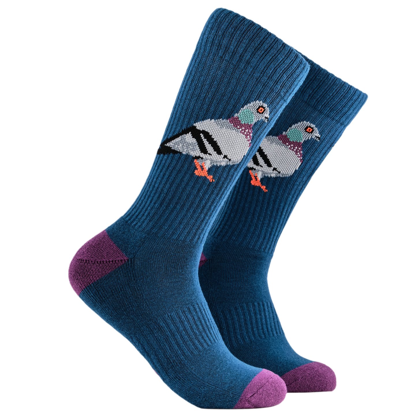 Pigeon Athletic Socks. A pair of socks depicting pigeons. Deep blue legs, blue cuff, purple heel and toe.