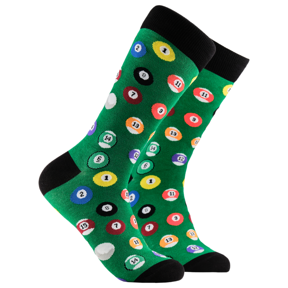 Pool Balls Bamboo Socks. A pair of socks depicting pool balls. Green legs, black cuff, heel and toe.