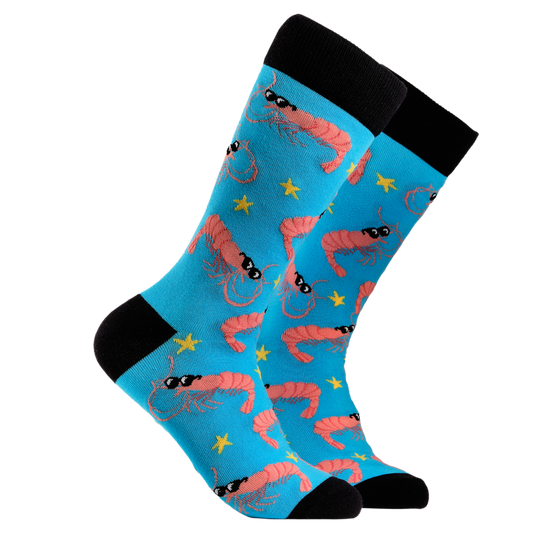 Prawn Socks - Prawnstar. A pair of socks depicting cool prawns in sunglasses. Bright blue legs, black cuff, heel and toe.