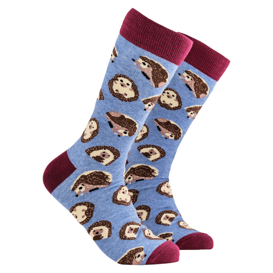 Hedgehog Socks - Prickly. A pair of socks depicting hedgehogs. Blue legs, red cuff, heel and toe.