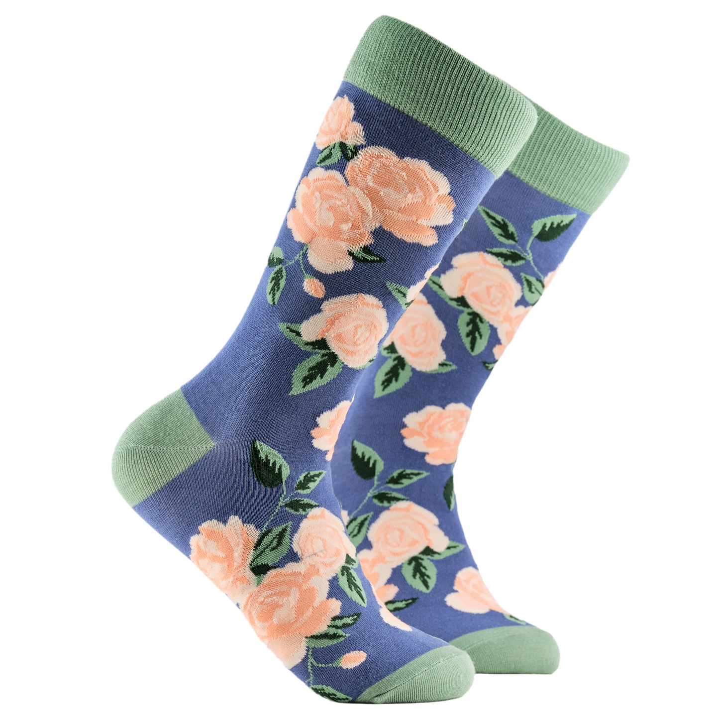 Rose Floral Bamboo Socks. A pair of socks depicting pink roses. Blue legs, green cuff, heel and toe.