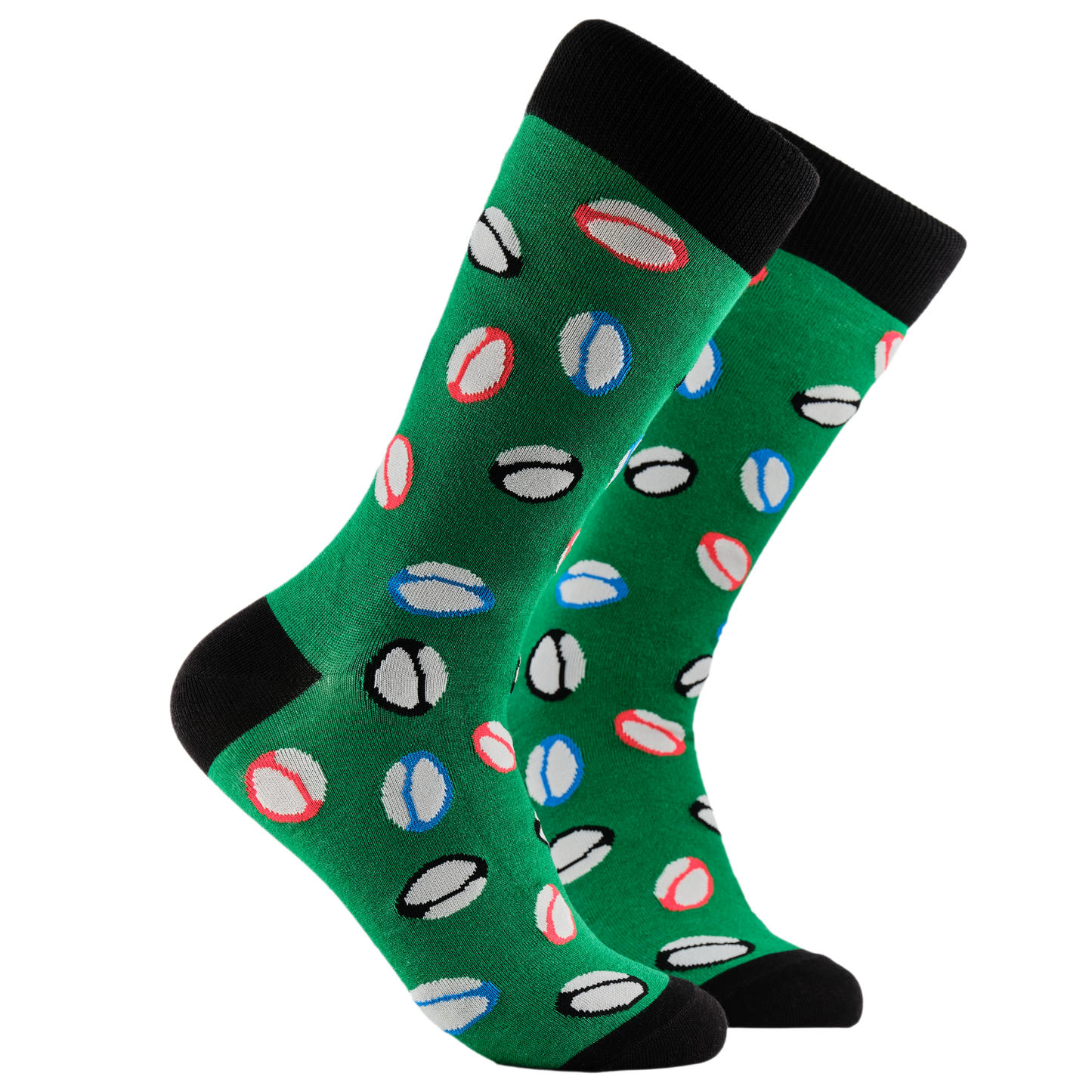 Rugby Bamboo Socks. A pair of socks depicting rugby balls. Green legs, black cuff, heel and toe.