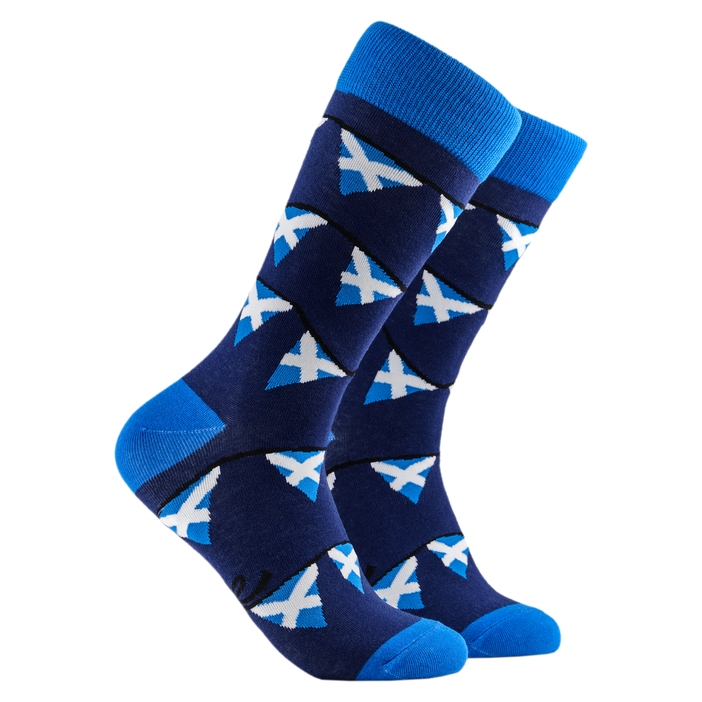 Scottish Bunting Socks. A pair of socks depicting the Scottish flat on bunting. Dark blue legs, light blue cuff, heel and toe.
