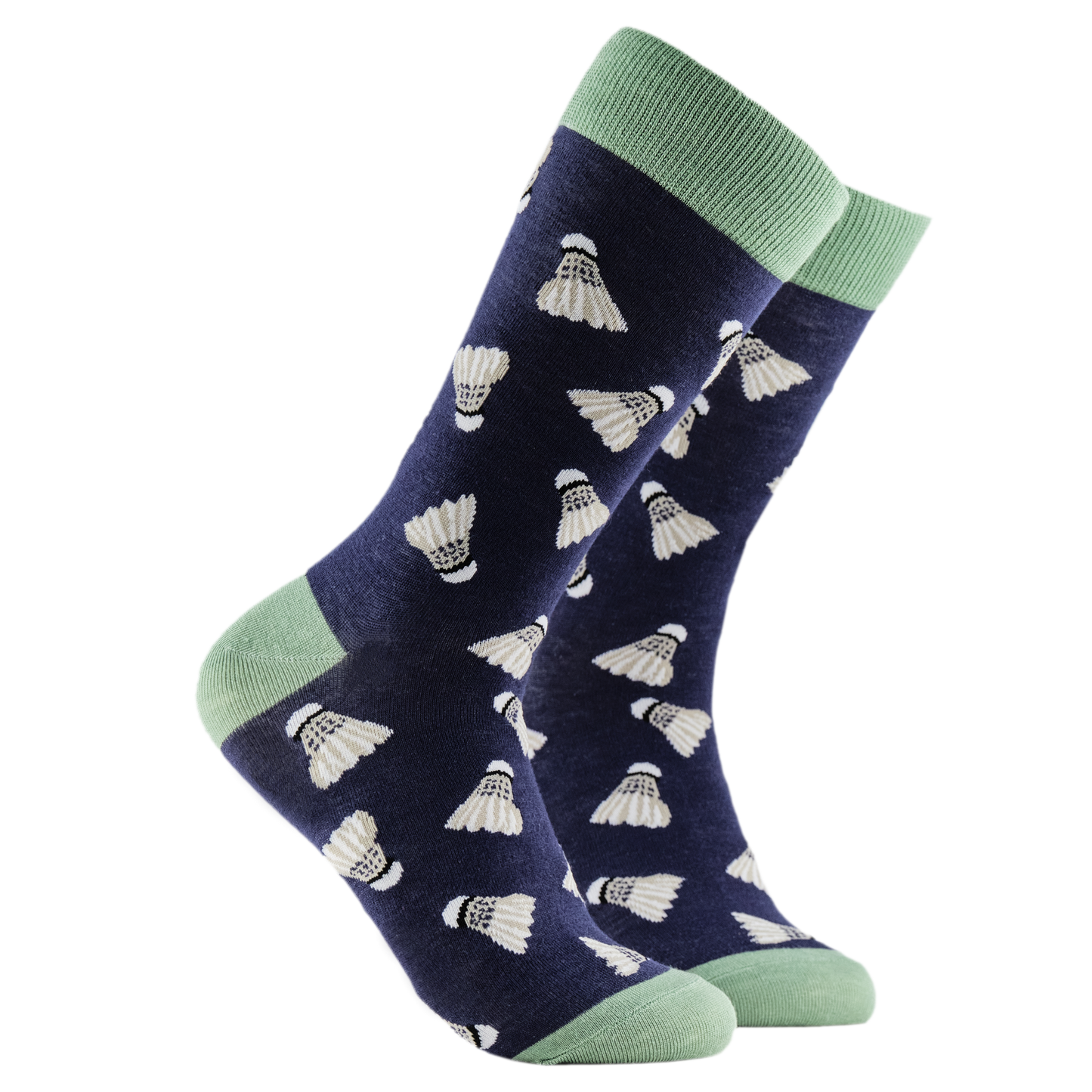 Shuttlecocks Bamboo Socks. A pair of socks depicting shuttlecocks. Dark blue legs, green cuff, heel and toe.