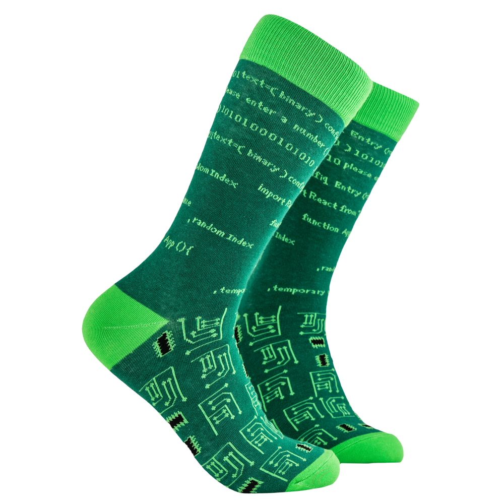 Coding Socks - Sign Of The Times. A pair of socks depicting HTML code and circuit boards. Green legs, light green cuff, heel and toe.
