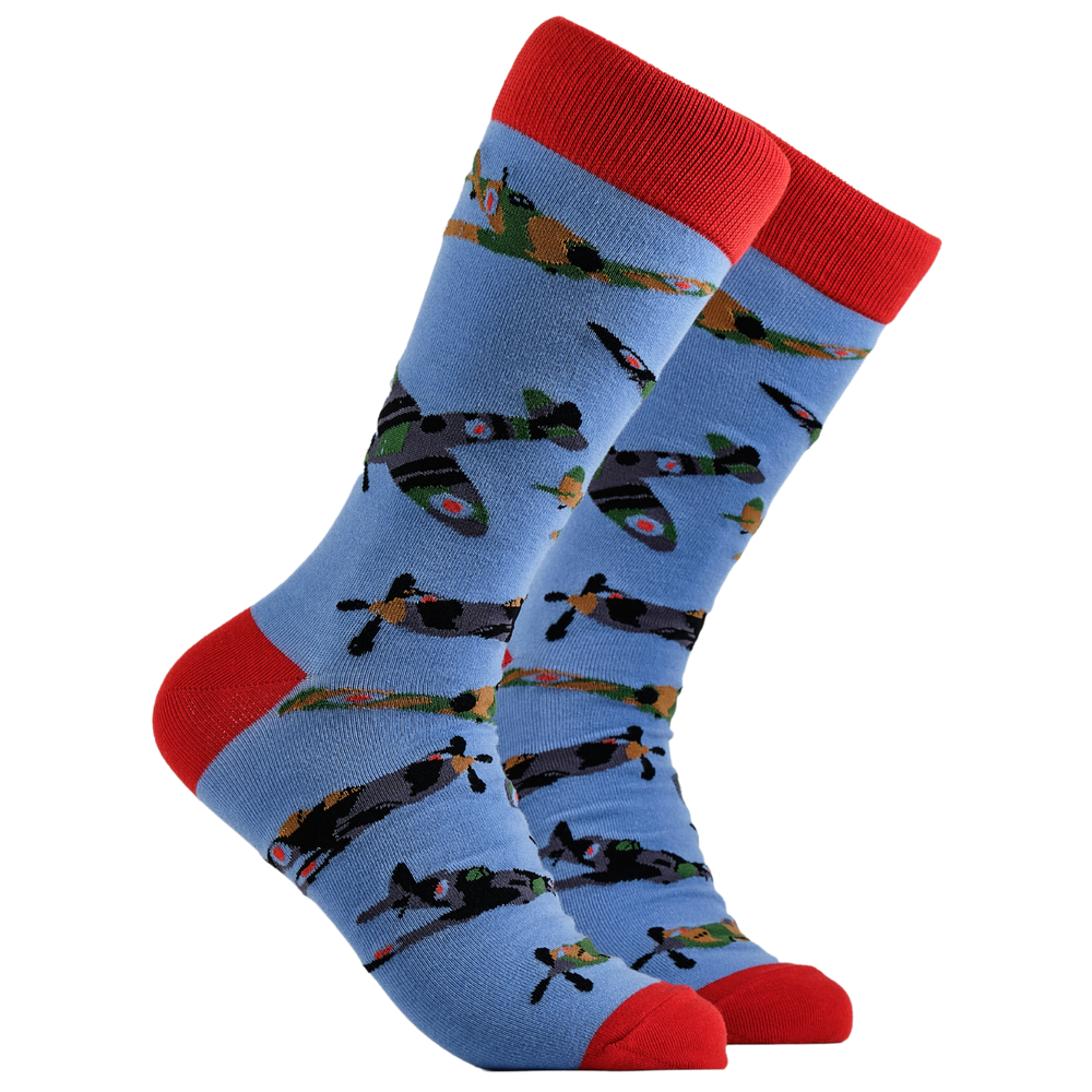 Royal Air Force Socks - Spitfire. A pair of socks depicting the iconic spitfire. Blue legs, red cuff, heel and toe.