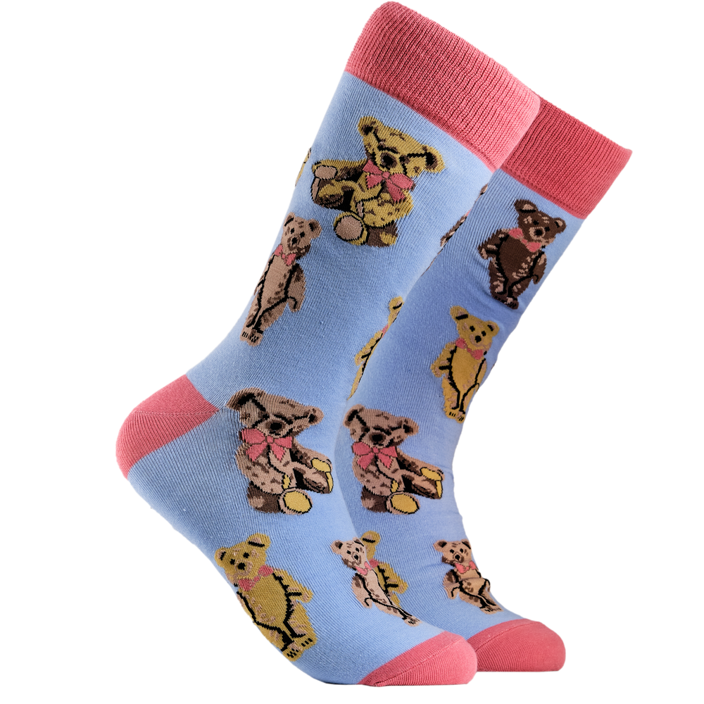 Teddybears Socks. A pair of socks depicting traditional teddybears. Blue legs, light red cuff, heel and toe.
