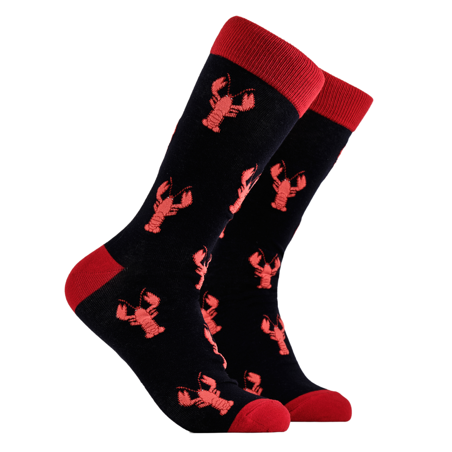 Lobster Socks - The World Is Your Lobster. A pair of socks depicting red lobsters. Black legs, red cuff, heel and toe.