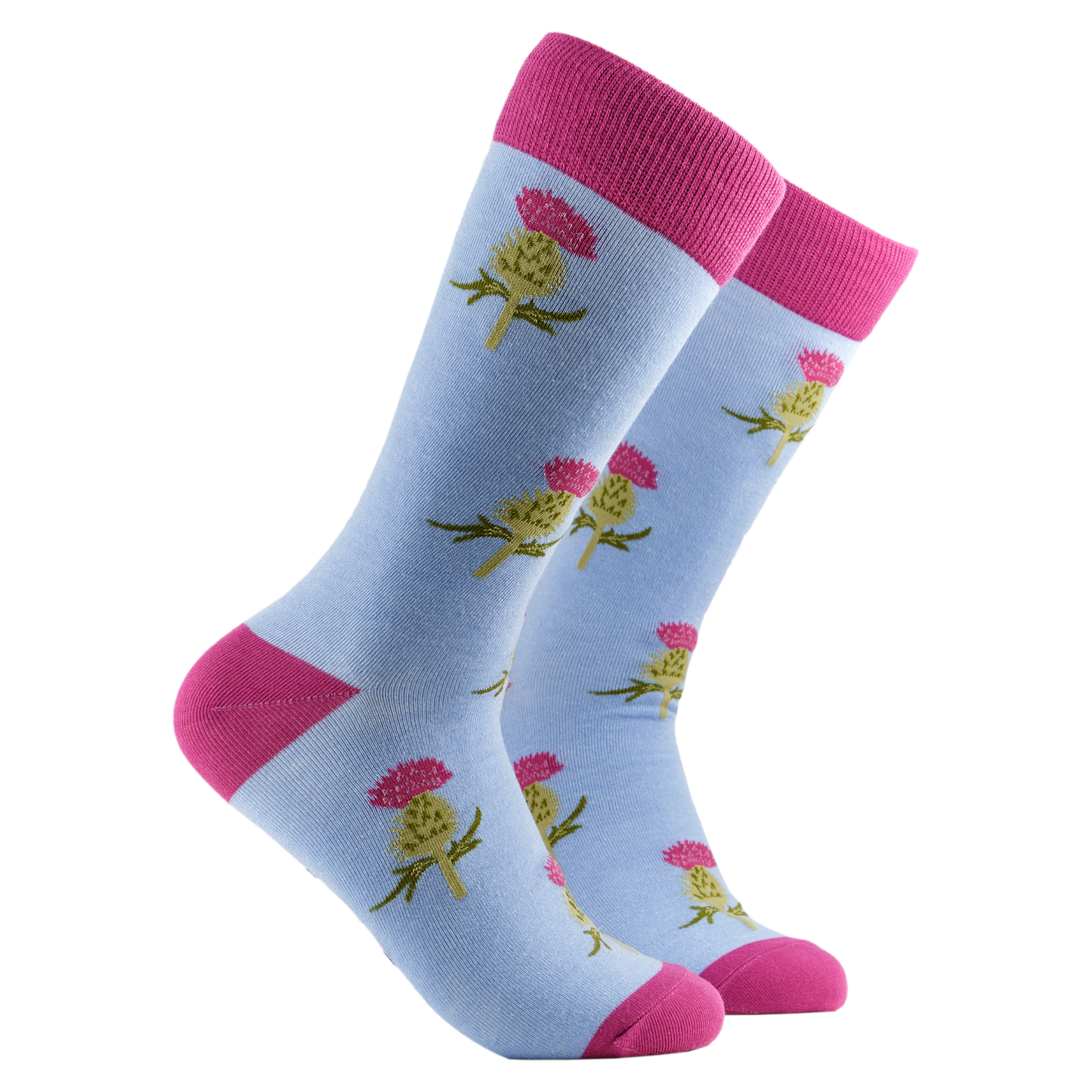 Scottish Socks - Thistles. A pair of socks depicting thistles. Blue legs, pink cuff, heel and toe.