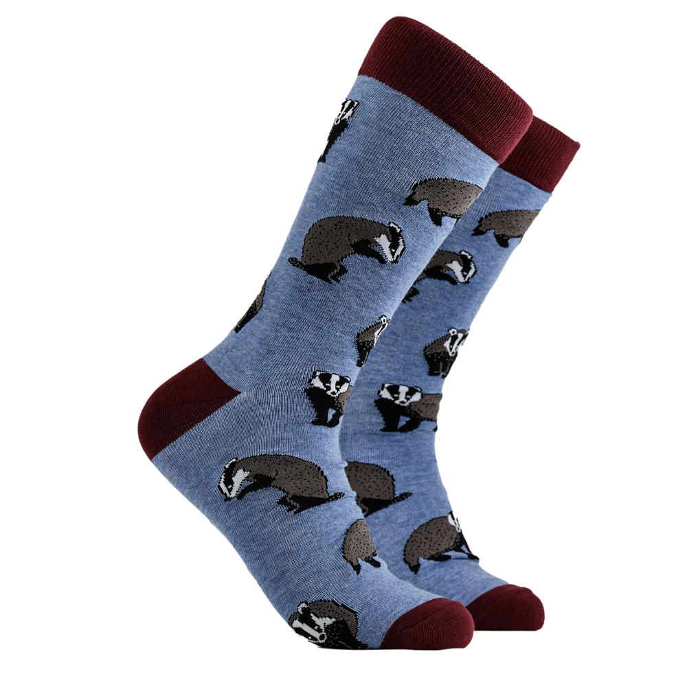 Badger Socks - Too Badger Getting Socks. A pair of socks depicting Badgers. Blue legs, wine red cuff, heel and toe.