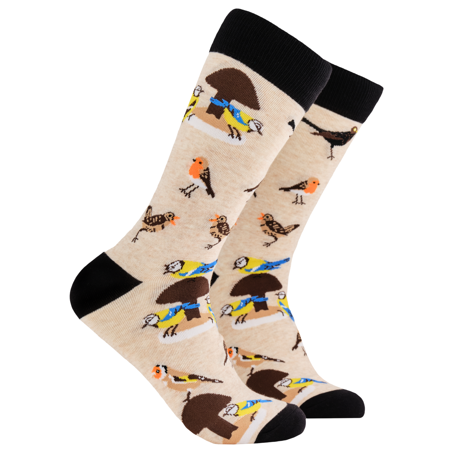 Bird Socks - Tweet Feet. A pair of socks depicting british birds. Oatmeal legs, black cuff, heel and toe.