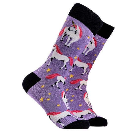 Unicorn Socks. A pair of socks depicting unicorns. Glittery purple legs, black cuff, heel and toe.