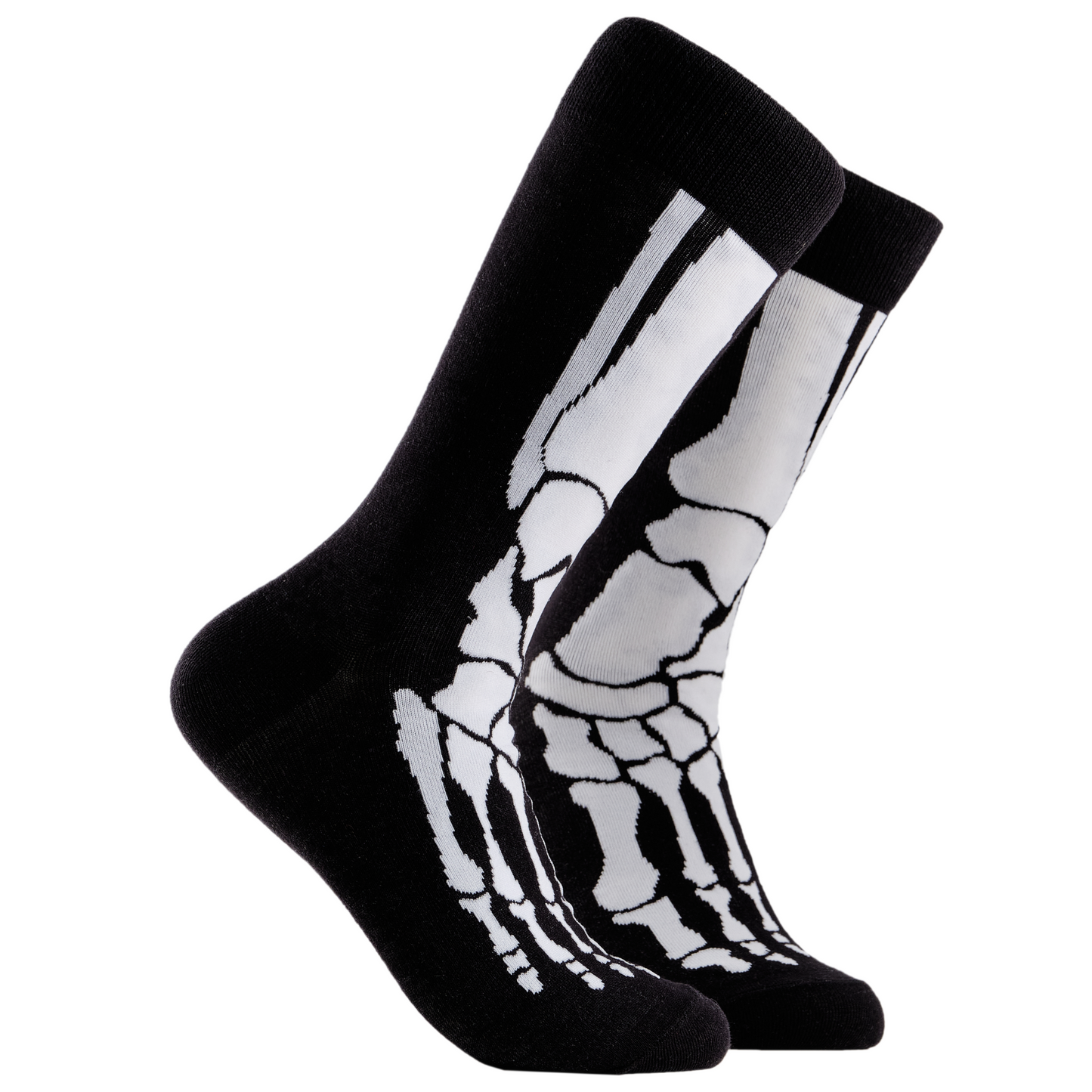 Skeleton Socks - X-Ray Vision. A pair of socks depicting skeleton feet. Black and White legs, black cuff, heel and toe.