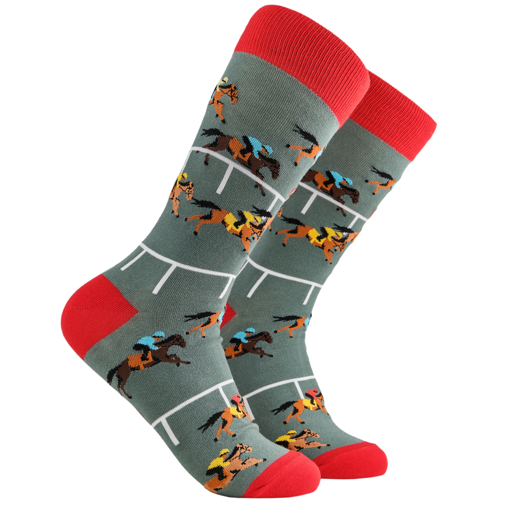 Horse Racing Socks - 1st Past the Post 2. A pair of socks depicting horse racing. Grey legs, red cuff and, heel and toe. 
