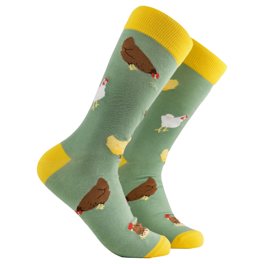 Chicken Socks - Clucking Good Life 2. A pair of socks depicting chickens. Green legs, yellow cuff, heel and toe.