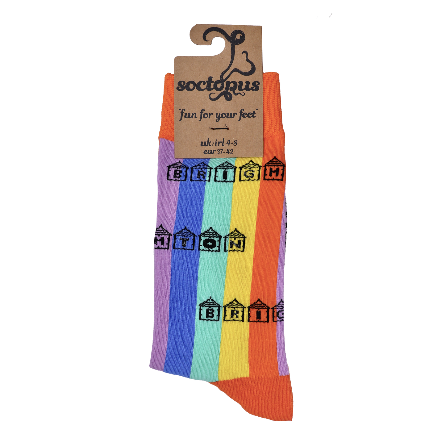 
                  
                    Rainbow striped socks with Brighton written inside beach huts. In Soctopus Packaging. 
                  
                