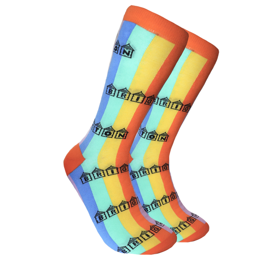 Brighton Beach Hut Socks - Competition Winner. Rainbow striped socks with Brighton written inside beach huts. 