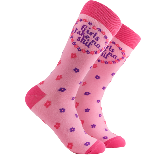 Feminist Socks - Girls Take No Shit. A pair of socks depicting the words "Girls Tale No Shit". Pink legs, dark pink cuff, heel and toe