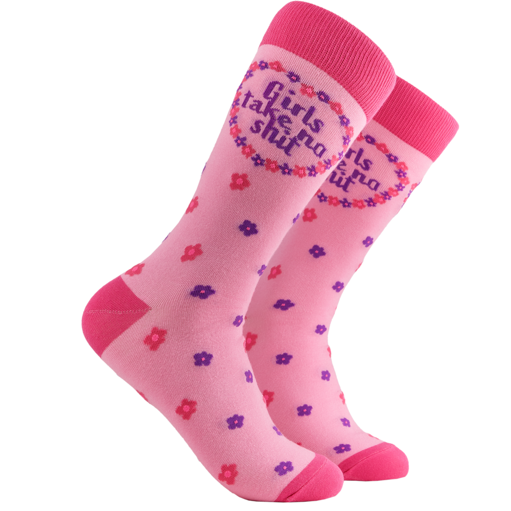 Feminist Socks - Girls Take No Shit. A pair of socks depicting the words 