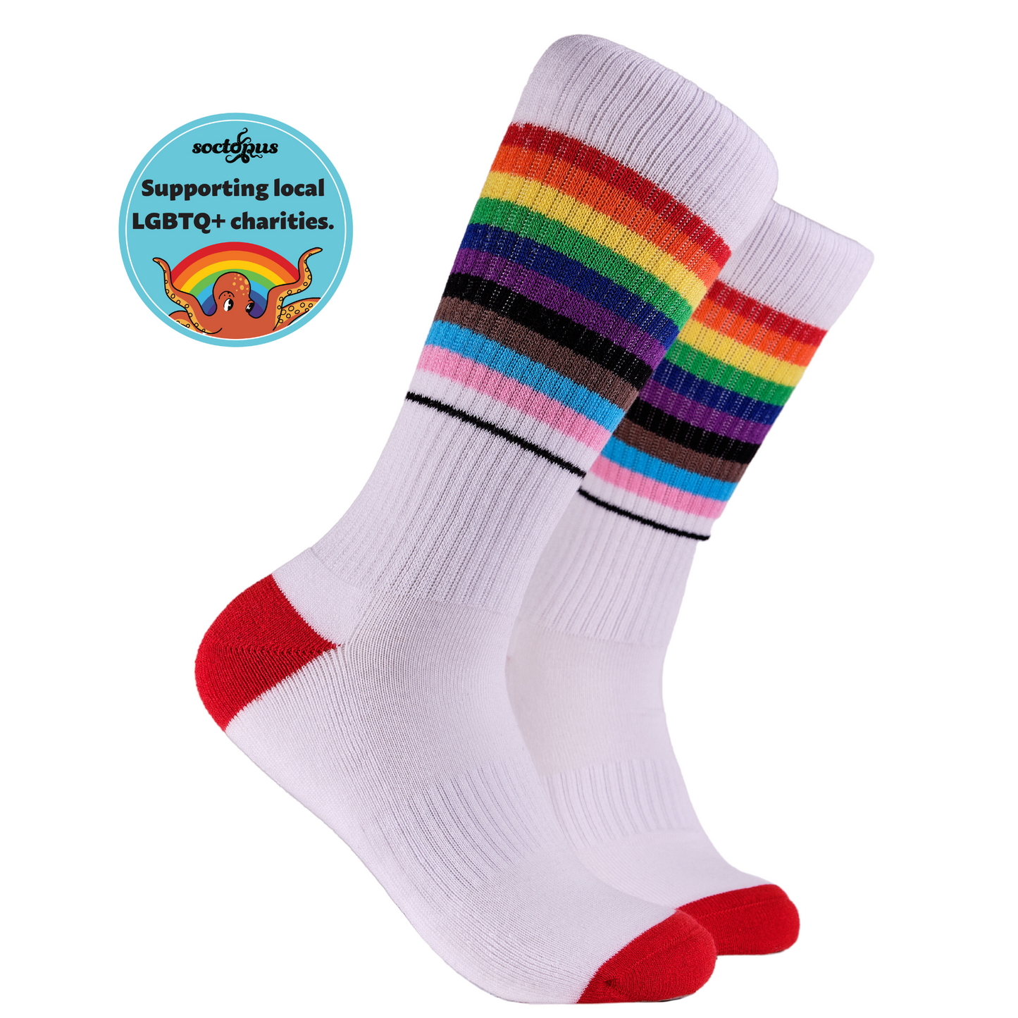 LGBTQA+ Socks - Pride Athletic. A pair of socks depicting the pride flag. White legs, white cuff, red heel and toe.