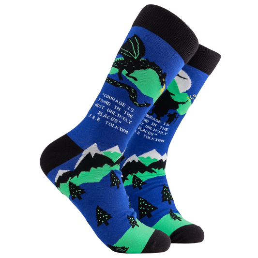 J.R.R. Tolkien Socks. A pair of socks depicting middle earth. Blue legs, black cuff, heel and toe.