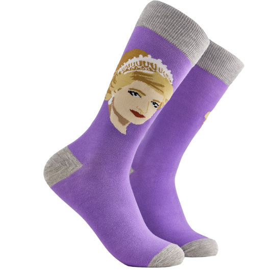 Princess Diana Socks - Lady Di 2. A pair of socks depicting princess Diana. Purple legs, grey cuff, heel and toe.