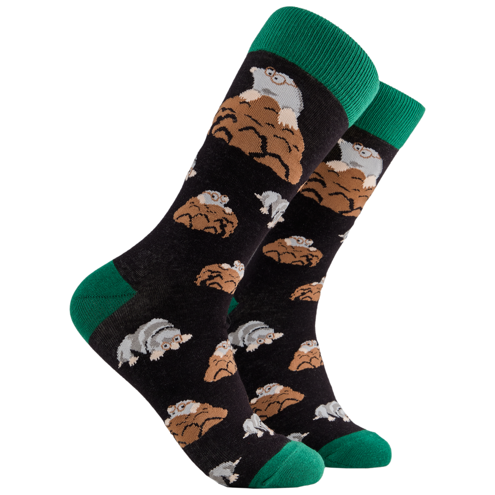 Mole Socks. A pair of socks depicting adorable moles digging. Black legs, green cuff, heel and toe.
