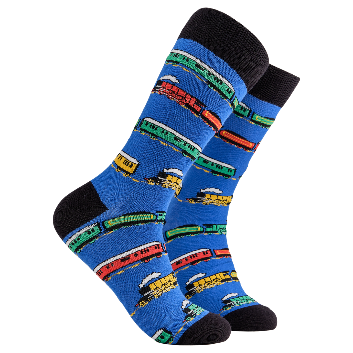 Train Socks - Full Steam Ahead. A pair of socks depicting a variety of trains. Blue legs, black cuff, heel and toe.