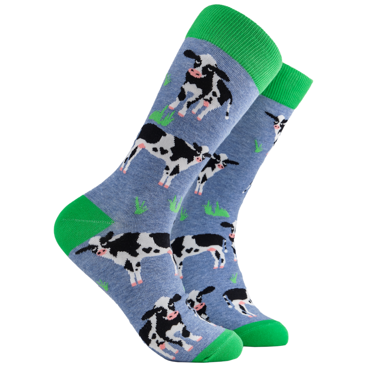 Cow Lover Socks. A pair of socks depicting grass and cows. Blue legs, green cuff, heel and toe.