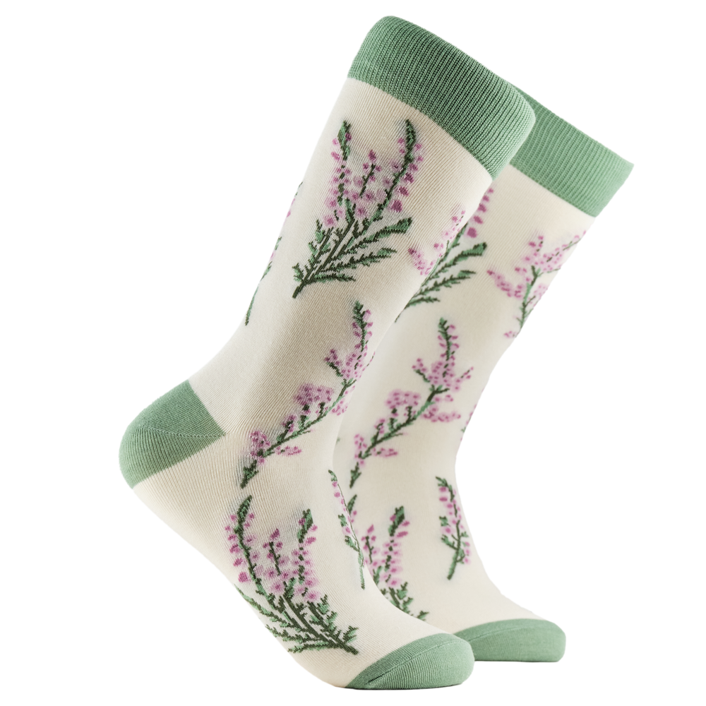 Heathers Floral Bamboo Socks. A pair of socks depicting wild heather. Cream legs, green cuff, heel and toe.