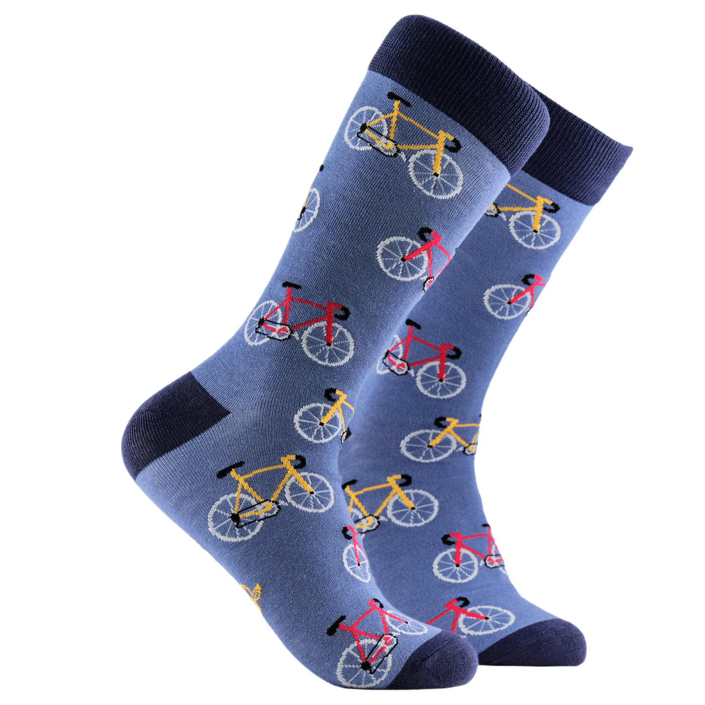 Wheels Bamboo Socks. A pair of socks depicting red and yellow bikes. Blue legs, dark blue cuff, heel and toe.